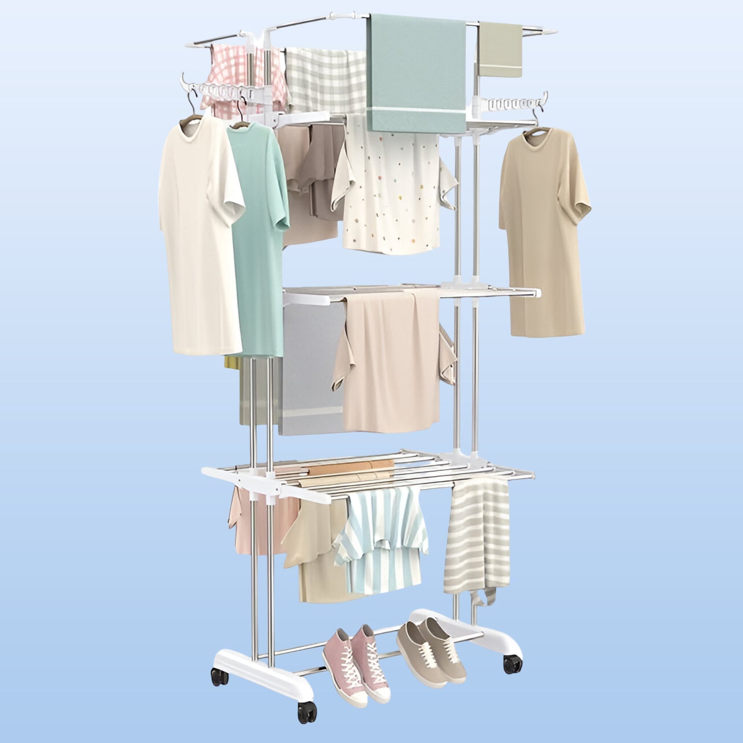3-Tier Foldable Stainless Steel Cloth Drying Stand with Wheels 3-Tier Foldable Stainless Steel Cloth Drying Stand with Wheels